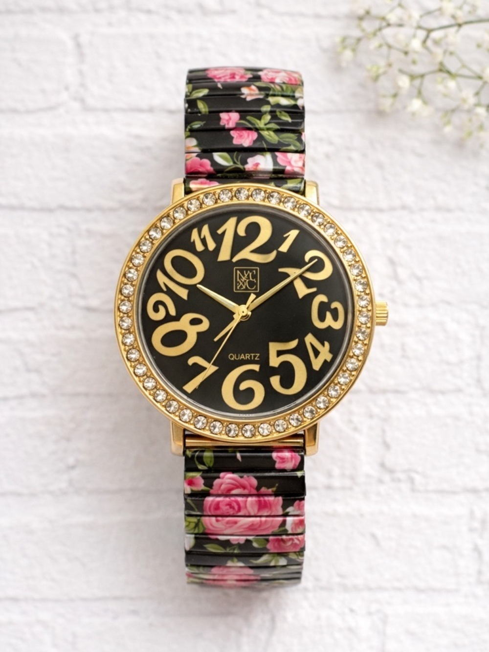 NY&C Y2K Floral Stretch Watch Gold Rhinestone Statement Quartz Needs Battery